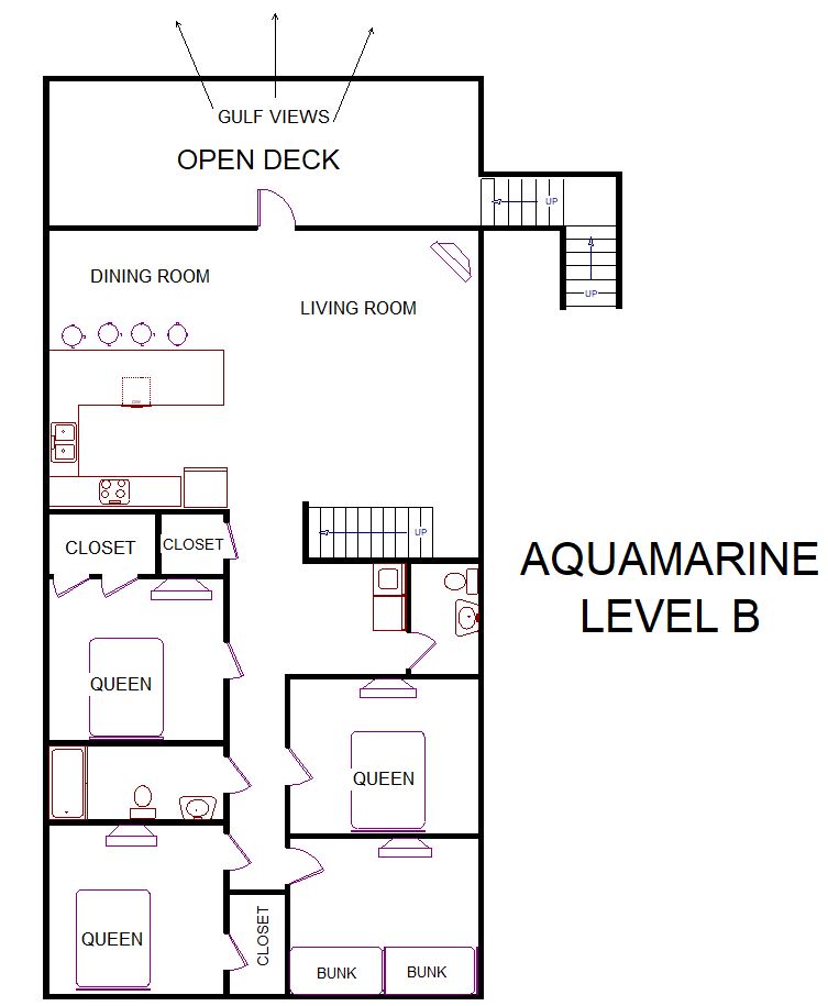 A level B layout view of Sand 'N Sea's beachfront house vacation rental in Galveston named Aqua Marine